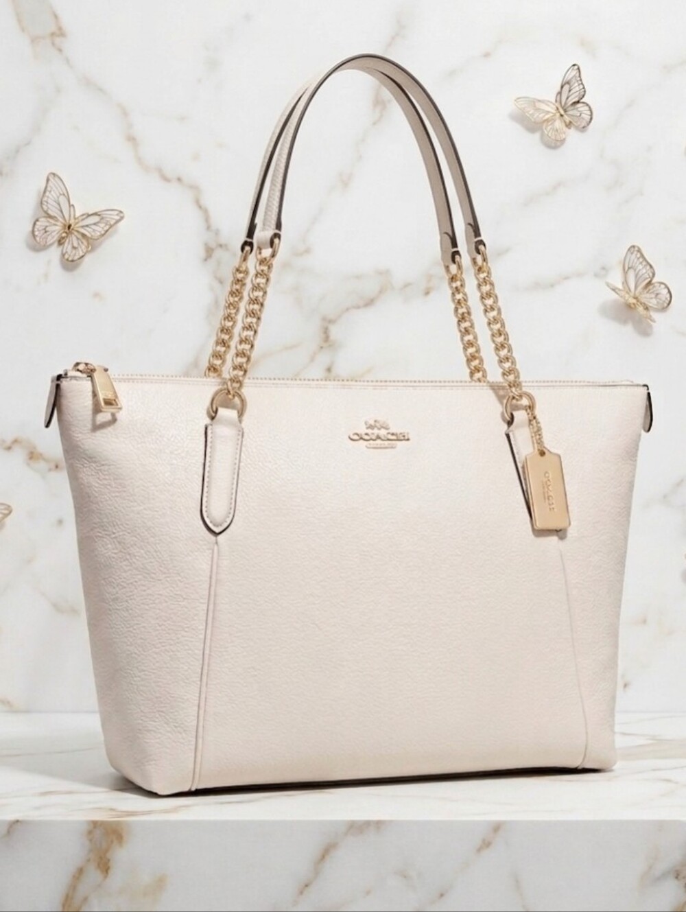Coach Ava Large Leather Tote Shoulder Bag Chalk Color NWT *Authentic Rare Color